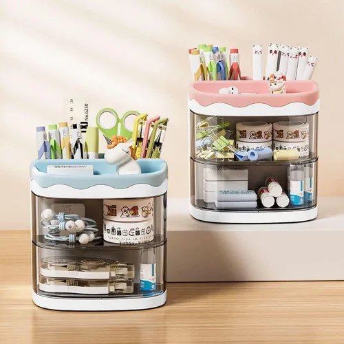 Miniatura 6 de Portalápices, organizador de bolígrafos, soporte para lápices para escritorio, organizador de escritorio con cajón para la escuela, el hogar, Azul
