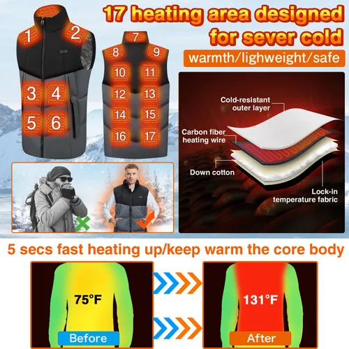 Miniatura 3 de PANGTIKU Chaleco térmico para hombres y mujeres, 17 zonas de calefacción, chaleco eléctrico USB, chaqueta térmica para invierno (batería no incluida)