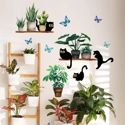 Calcomanías de pared de gatito negro con diseño de plantas verdes en maceta, diseño de animales de dibujos animados de sacinora para bricolaje,