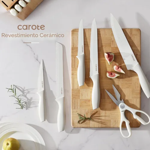 Miniatura 6 de CAROTE Juego de 15 piezas de cuchillos, juego de bloque de cuchillos de cocina, elegantes cuchillas con revestimiento cerámico blanco con elegante