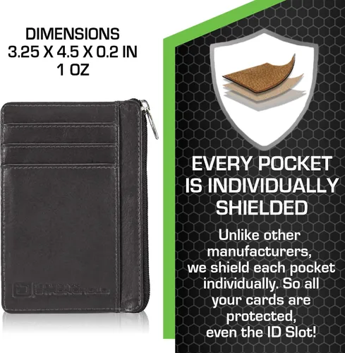 Miniatura 2 de ID STRONGHOLD - Cartera con bolsillo frontal RFID, mini, minimalista, delgada, de piel auténtica con cremallera, Negro