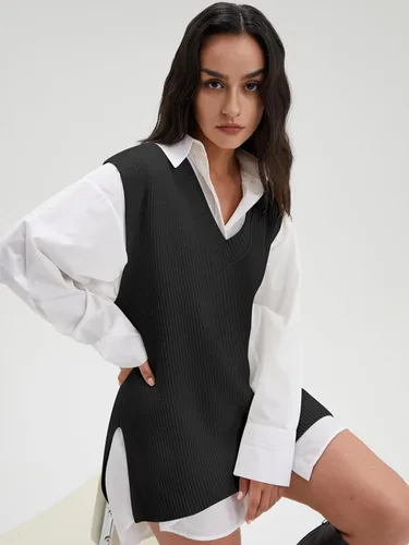 Miniatura 2 de DEEP SELF Suéter de cuello en V, sin mangas, de gran tamaño, suéter de punto de otoño para mujer