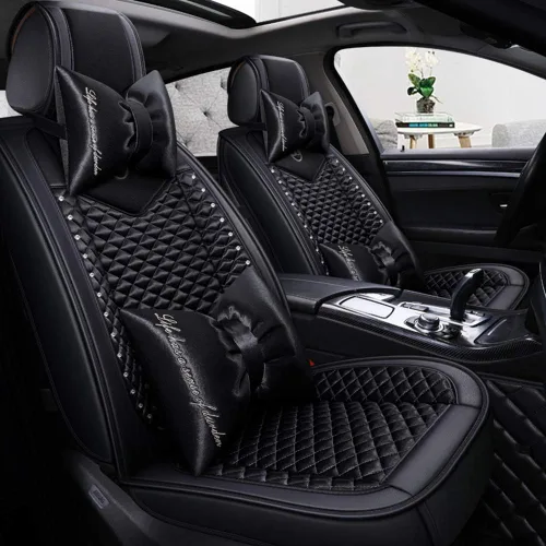 Miniatura 8 de Bling - Fundas de asiento de automóvil de seda y cuero retro con celosía, ajuste universal (negro básico)