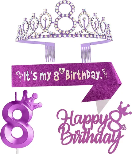 Miniatura 40 de Decoraciones de cumpleaños número 7 para niña, que incluyen corona/tiara de cumpleaños número 7, banda, adorno para pastel de cumpleaños y velas