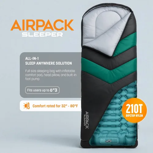 Miniatura 3 de Saco de dormir con almohadilla integrada (AirPack Sleeper) – Colchoneta inflable todo en uno y manta con cremallera para acampar con bomba de pie