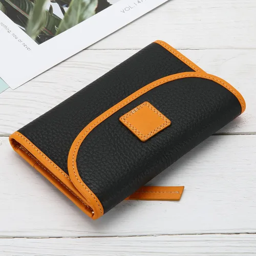 Miniatura 3 de Cartera de cuero genuino para mujer, con cierre de cremallera, monedero, monedero, gran capacidad, Negro -, Billetera triple