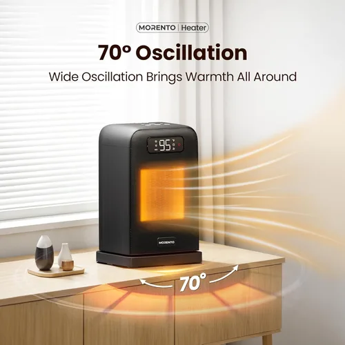 Miniatura 3 de MORENTO Calentador de espacio, oscilación de 70°, pantalla LED, temporizador de 12 horas, termostato, protección contra sobrecalentamiento