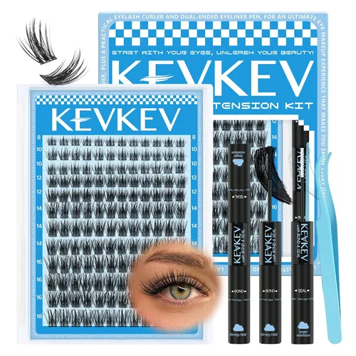 KEVKEV Kit de racimos de pestañas de 144 unidades de pestañas de 0.31 a 0.70 pulgadas, kit de extensión de pestañas de banda fina, racimos de