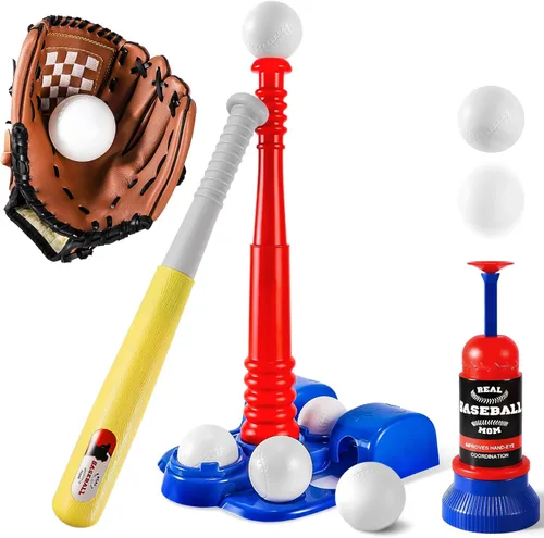 Juego de pelota para niños, juegos de pelota en T para niños pequeños de 1 a 3 años, juguetes de béisbol con 6 bolas/guante/máquina de Azul