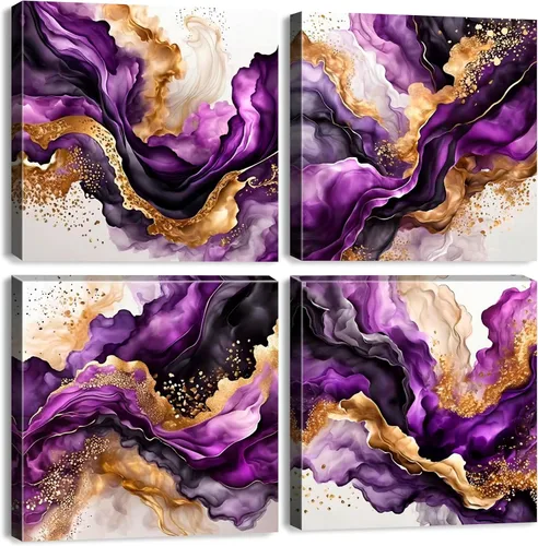 Arte de pared morado para baño, textura abstracta de mármol dorado y morado, decoración de pared para sala de estar, líneas fluidas coloridas,