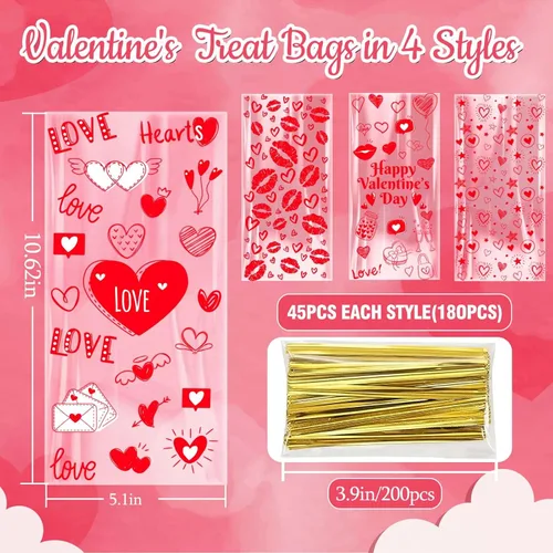Miniatura 3 de Bolsas de San Valentín ONFAON, 180 piezas de bolsas de regalo de San Valentín con 200 lazos para empacar bocadillos, galletas y dulces, bolsas