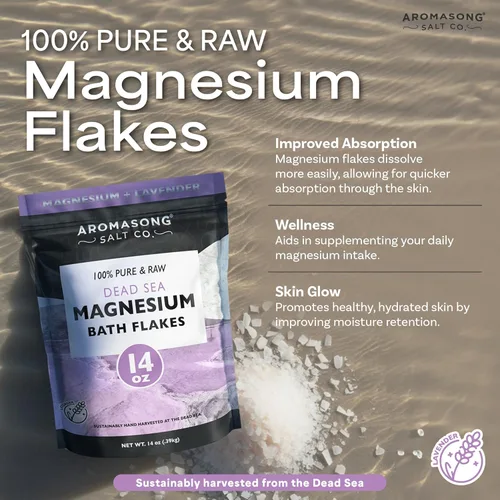 Miniatura 3 de Aromasong Copos de baño de magnesio RAW con lavanda 100% natural, 14 onzas. Sales orgánicas relajantes musculares Mg cloruro, sal mineral remojada.