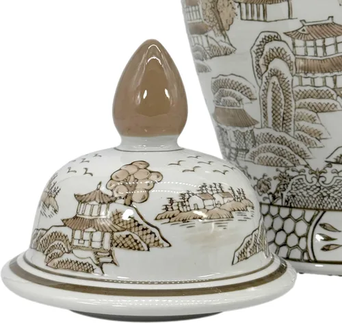 Miniatura 6 de Galt International Jarrón de Templo de Cerámica Chinoiserie Floral Marrón y Blanco de 18" con Tapa - Jarrón de Jengibre Decoración para Hogar