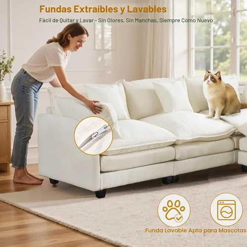 Miniatura 7 de Cloud Sofá de felpilla en forma de L con otomana, sofá biplaza seccional de 77 pulgadas que ahorra espacio con diván, para espacios pequeños, fácil