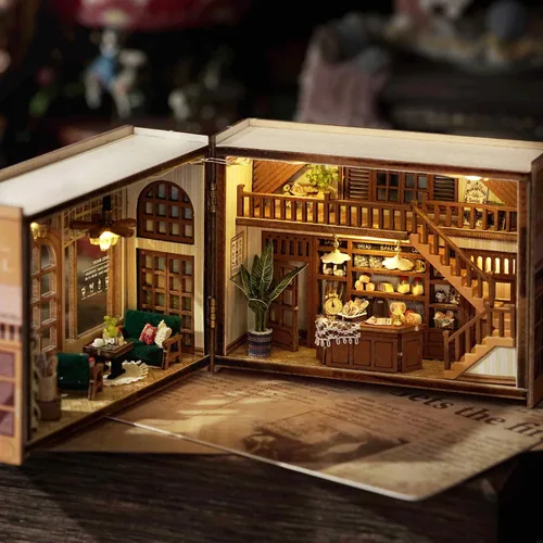 Miniatura 7 de TuKIIE Kit de casa de muñecas en miniatura con muebles, a escala 1:32 abierta y cerrada, mini cubo de madera para muñecas, rincón de libros