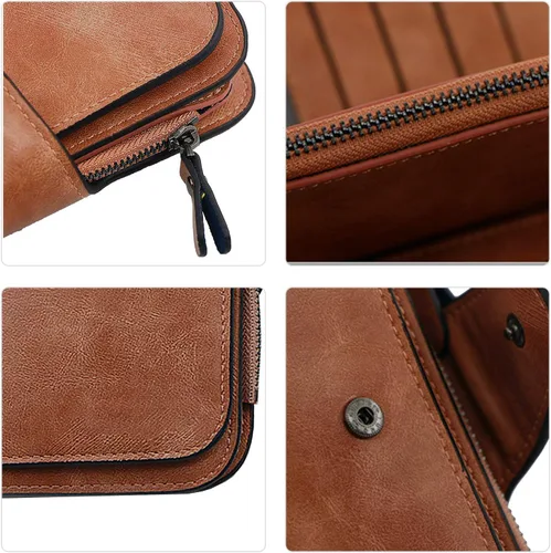 Miniatura 5 de Cartera de cuero para mujer, monedero de embrague para tarjetas de crédito, soporte para monedas, plegable, Cera de Aceite Marrón, Classic