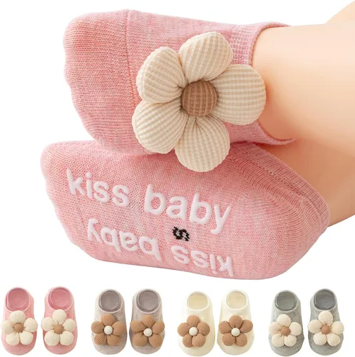 Belsmi Calcetines antideslizantes para bebés y niñas, calcetines antideslizantes para el tobillo con estampado de flores de princesa, para verano,