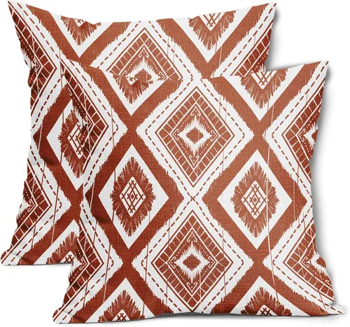 Miniatura 18 de Juego de 2 fundas de almohada geométricas de color naranja quemado de 18 x 18 pulgadas con diamantes Ikat de color marfil óxido, estilo bohemio