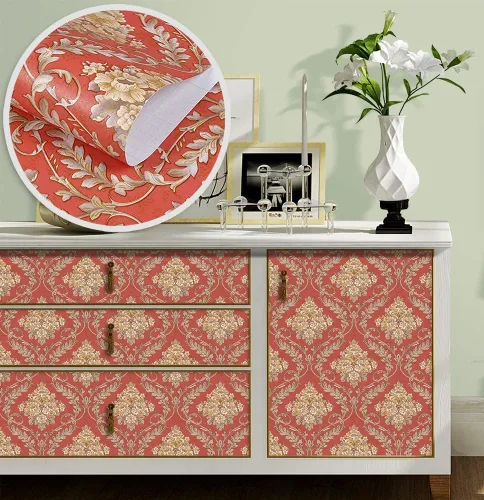 Miniatura 2 de J1232-10M - Papel tapiz de lujo para despegar y pegar damasco, color caqui/rojo, victoriano, vinilo extraíble, autoadhesivo, revestimiento