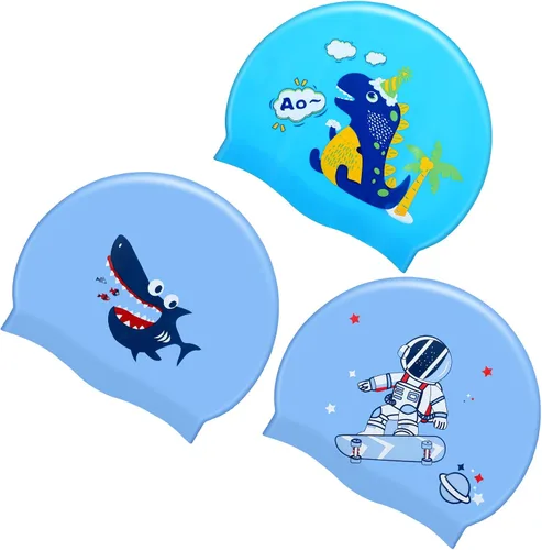 Sintuff 3 Pcs Kids Swim Caps Toddlers Swimming Caps Silicone Swim Cap for Boys Girls (Age 4-12) Baby Waterproof Cartoon Bathing Hats for Long and