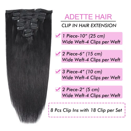 Miniatura 2 de Extensiones de cabello liso con clip para mujeres negras, 14 pulgadas, cabello humano sin procesar, grado 10A, suave, sedoso, color natural, clip