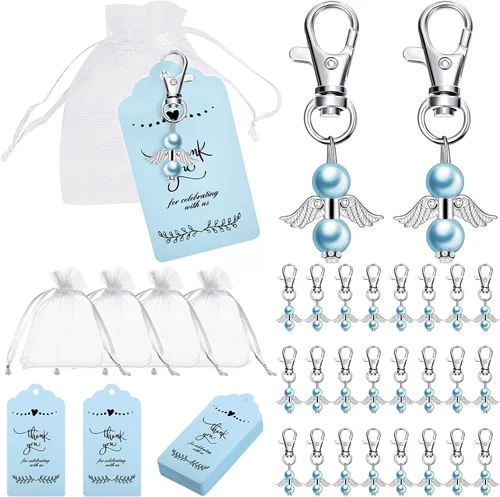 Hicarer 60 juegos de regalos de devolución de invitados, incluyendo llaveros de ángel, etiquetas de agradecimiento, bolsas de organza blanca para