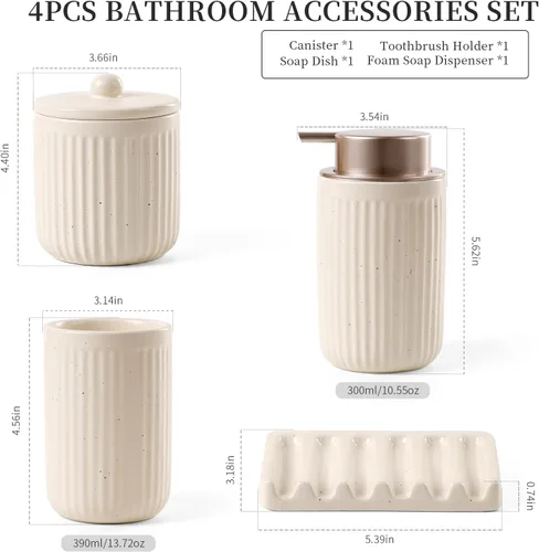 Miniatura 2 de BosilunLife Juego de accesorios de baño, juego de cerámica para decoración de baño, dispensador de jabón de espuma y soporte para cepillos