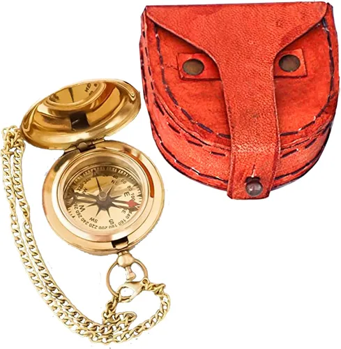 Brújula náutica de bolsillo de latón con cadena y caja de cuero, brújula vintage para acampar y senderismo, regalo de graduación marina para