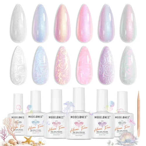 Miniatura 14 de modelones Juego de esmaltes de uñas de gel con purpurina, sin hema, 6 colores, Chameleon Aurora Shimmer Glitter Kit de esmalte de gel azul, verde