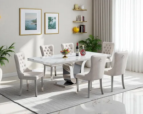 Miniatura 82 de Juego de mesa de comedor de mármol sintético, 7 piezas, juego de mesa de cocina y comedor para 6, mesa de comedor rectangular blanca de 70 pulgadas