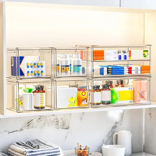 Miniatura 5 de caktraie Juego de 6 cajones de almacenamiento de acrílico, organizador de maquillaje transparente, cubos organizadores de plástico para suministros