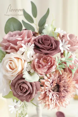 Miniatura 3 de Floroom - Flores artificiales de aspecto real en color rosa polvoriento y malva, rosas falsas, peonías y vegetación en conjunto para ramos de boda
