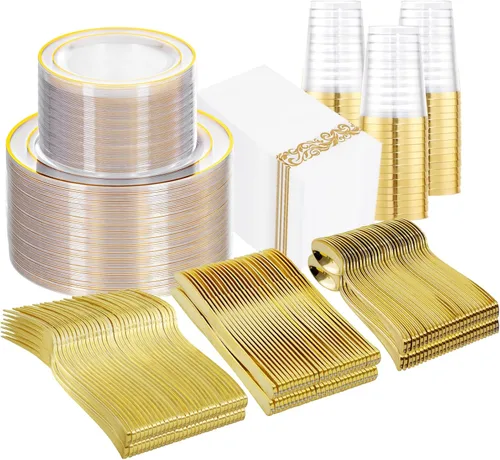 Juego de vajilla dorada de 700 piezas, juego de vajilla desechable transparente para 100 invitados para fiestas, bodas, incluye: 200 platos Dorado