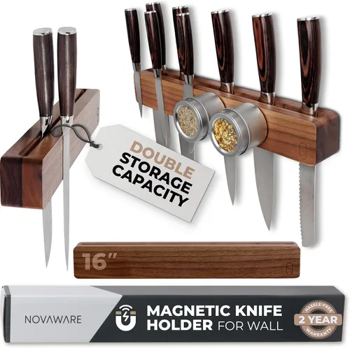 Miniatura 9 de Soporte magnético para cuchillos de 24 pulgadas para pared con 2 almacenamiento y madera encantadora, tira magnética para cuchillos, almacenamiento