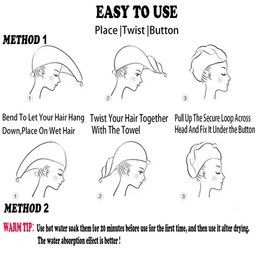 Miniatura 5 de Toalla de microfibra para el cabello para niños y niñas, paquete de 2 unidades de secado de turbante para mujeres, juego de toalla absorbente