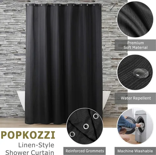 Miniatura 2 de Cortinas de ducha negras para baño: 72 pulgadas, repelente al agua, lavable, estilo lino, cortina de ducha de tela de ducha - Elegante cortina