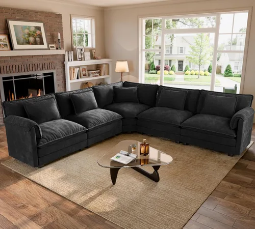 Miniatura 39 de ELUCHANG Sofá modular de gran tamaño de 79 pulgadas, cómodo sofá en forma de nube para sala de estar, sofá en forma de L con otomana, sofá de Negro