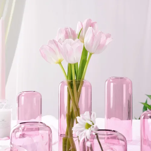 Miniatura 3 de ZENS Juego de 6 jarrones de cristal transparente rosa para flores. Moderno jarrón cilíndrico de vidrio soplado a mano para centros de mesa
