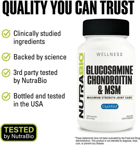 Miniatura 5 de NutraBio Suplemento de glucosamina condroitina y OptiMSM, fórmula de apoyo articular - 120 cápsulas (120 unidades)