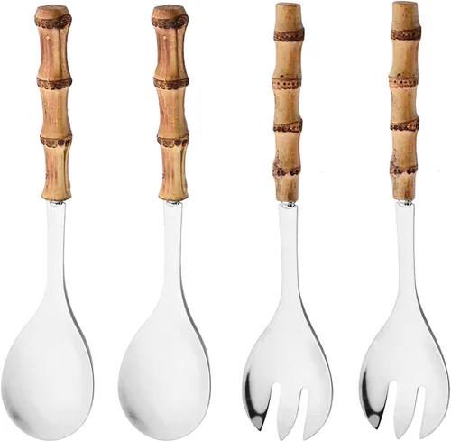 Miniatura 9 de Juego de 4 utensilios para servir con mango de bambú, cuchara larga de acero inoxidable 304, tenedor para cocina, bufé, restaurante, boda, fiesta
