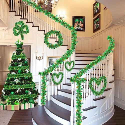 Miniatura 5 de Guirnalda decorativa de 33 pies para el día de San Patricio, guirnalda de oropel con sombrero de trébol verde dorado, guirnalda metálica brillante