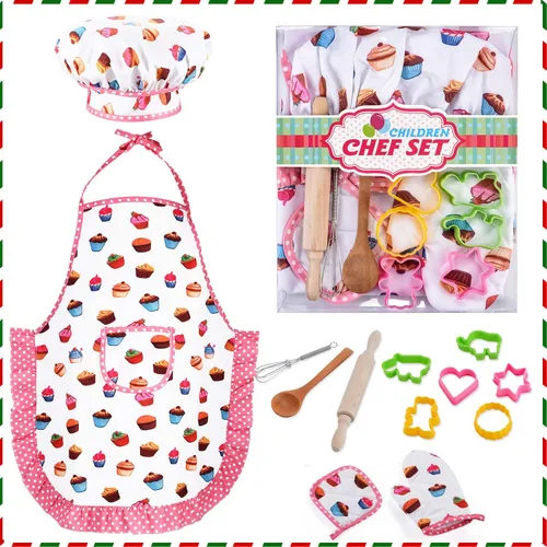 HmiL-U Juego de chef para niños, 13 piezas, juegos de cocina y horneado para niños, incluye delantal, sombrero, utensilios, guante de cocina para