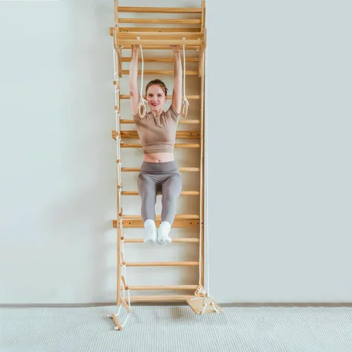 Avenlur Betula Escalera Sueca de Pared para Gimnasio - Conjunto de Juegos Interior con Columpio, Escalera de Cuerda, Barra de Dominadas y Tobogán -