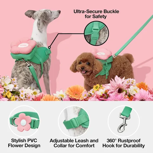 Miniatura 4 de VETRESKA Flora - Juego de arnés para perro, correa y collar, arnés de chaleco para perro sin tirones para caminar y entrenar, ajustable, fácil