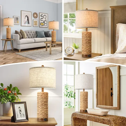 Miniatura 7 de Juego de 2 lámparas de mesa de ratán para sala de estar con 2 puertos USB, lámpara de dormitorio de 27 pulgadas de alto, casa de campo costal