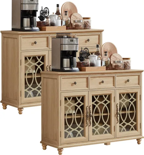 Miniatura 15 de Joaxswe Aparador de estilo rústico con almacenamiento, credenza grande de 59 pulgadas con 4 puertas de vidrio y 2 cajones, estantes ajustables, mesa