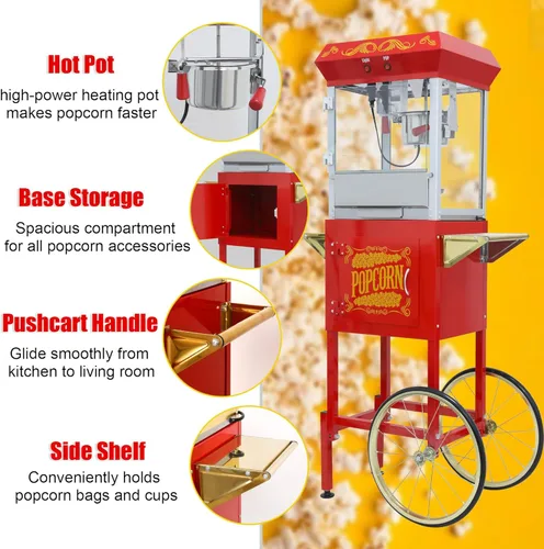 Miniatura 4 de Máquina de palomitas de maíz con carrito y ruedas, máquina de palomitas de maíz con hervidor de acero inoxidable de 14 onzas, para el hogar, Rojo