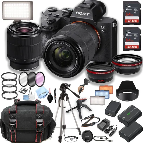 Sony Cámara sin espejo a7 III con lente de zoom de 1.102-2.756 in + 2 piezas de memoria de 64 GB + luz de video LED + estuche+trípode + pod de