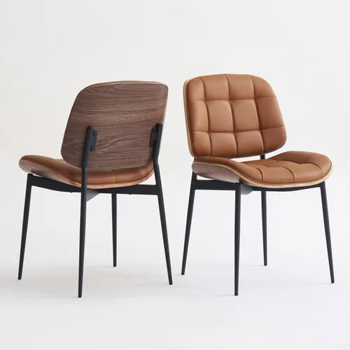 Miniatura 14 de GrandNoor Sillas de Comedor Modernas de Mediados de Siglo con Respaldo de Veta de Nogal, Sillas de Comedor de Cuero Sintético Beige Juego de 2