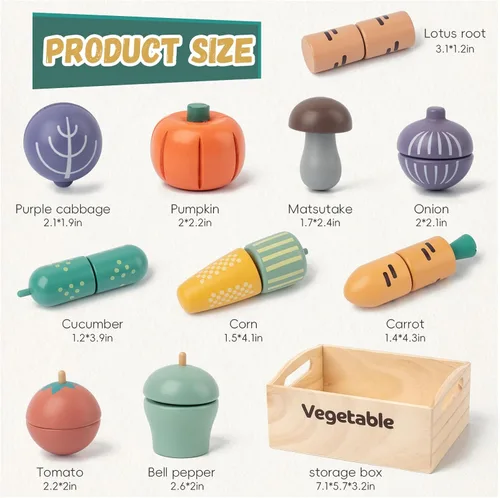 Miniatura 2 de Juego de 10 piezas de alimentos de madera de vegetales para cocina de niños, juguetes de corte de alimentos de madera, accesorios de cocina de juego